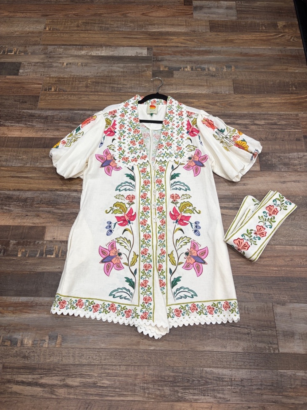 FARM Rio White Floral Embroidered Romper with Pink & Green Accents